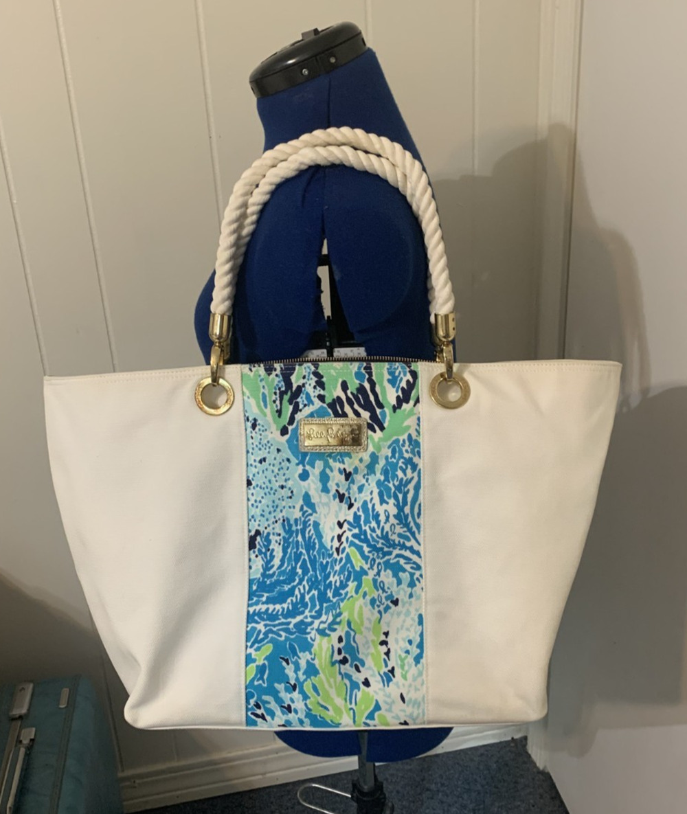 Lily Pulitzer Island Tote Bag Spa Blue "Let's Cha Cha Cha" Rope Handles 15 x 18